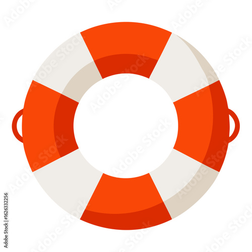 Bright orange and white striped life preserver ring with handles isolated on a black background