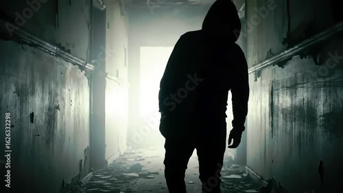 Shadowy Figure Walks Through Abandoned, Spooky Hallway