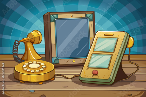 vector of An old, old phone with a screen with a hole in it. And the phone with the golden cord next to it on the old table.