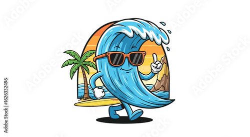 Cartoon Style Vector SVG Illustration of Surfing Wave Character with Sunglasses and Tropical Beach Scene in Modern Flat Design