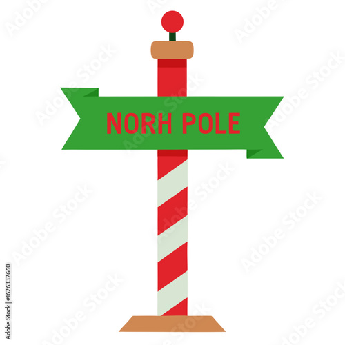 Iconic north pole signpost with red and white stripes and a green banner indicating the location