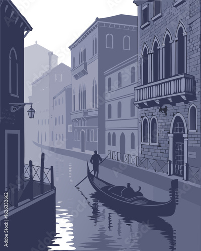 Moody foggy venice canal with gondola at dawn