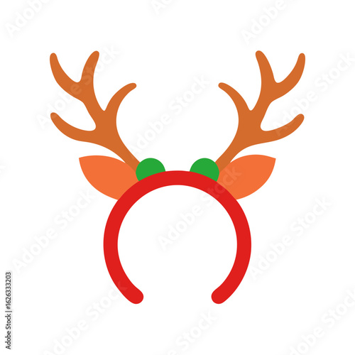 Festive reindeer antler headband with red band and green pom poms on black background