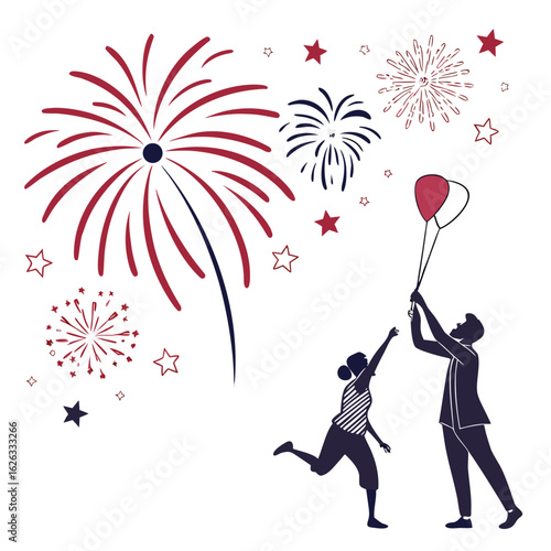 Couple celebrating with fireworks and balloons isolated on white background