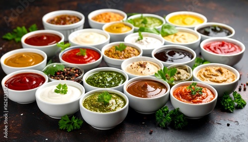 Array of assorted dipping sauces in small white bowls