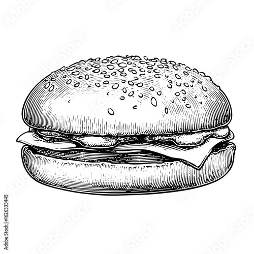 Vintage burger bun with sesame seeds on white background  