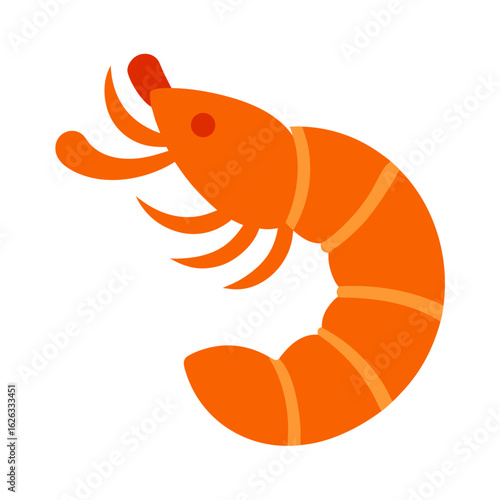 Stylized flat design illustration of a bright orange shrimp with segmented body and antennae on a black background
