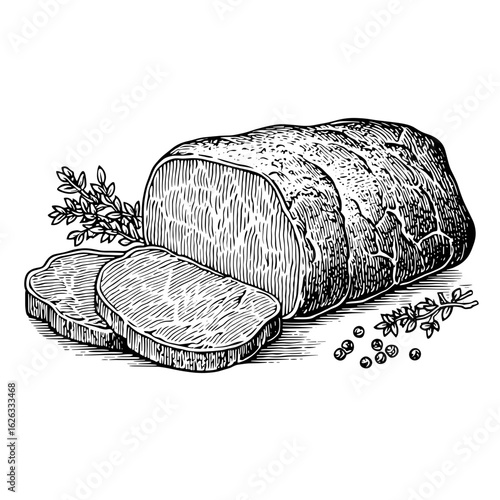 Beef tenderloin cut and sliced with herbs on white background  