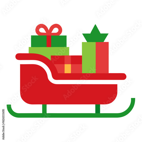 A festive red sleigh filled with colorful stacked christmas presents and gifts on a black background