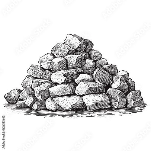 Pile of rough charcoal pieces in vintage sketch style  