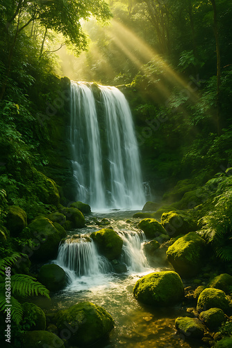 Serene forest waterfall cascades with golden sunbeams illuminating lush mossy rocks and vibrant foliage.