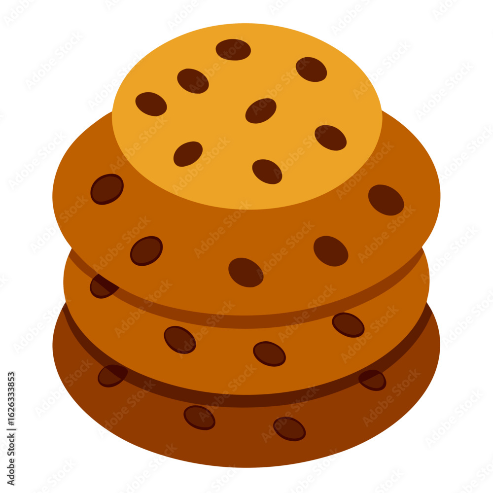 A stack of delicious chocolate chip cookies with a simple flat design and dark brown background A stack of delicious chocolate chip cookies with a simple flat design and dark brown background