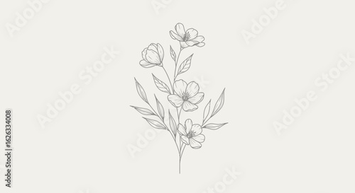 Vector Minimalist Line Art SVG Illustration of Floral Plant with Leaves in Modern Flat Style for Digital Design