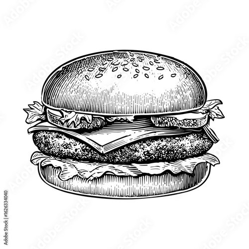 Classic burger with lettuce, cheese, and sesame seed bun  