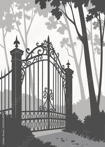 Ornate black iron gate shrouded in forest fog