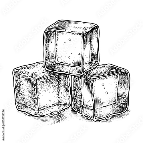 Ice cubes stacked on white background with transparent texture  