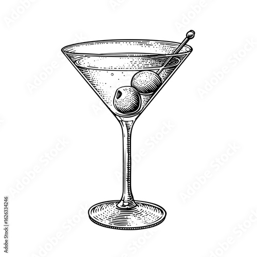 Martini glass with olives on stick in vintage engraving style  