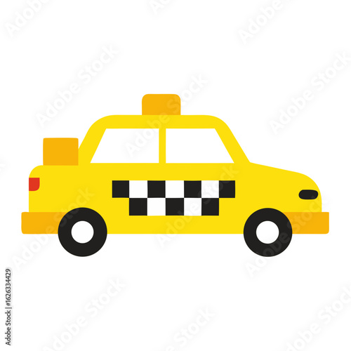 A simple flat design illustration of a yellow taxi cab with a checkered pattern on the side