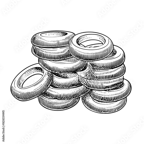 Stacked onion rings in vintage engraving style illustration  