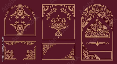 Vector Elegant Ornamental SVG Illustration Set with Intricate Decorative Floral and Arch Shapes in Minimalist Line Art Style