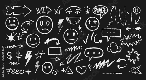 Vector Minimalist Hand-Drawn White Chalk Sketch Style SVG Illustration of Emotive Faces and Symbols on Black Background