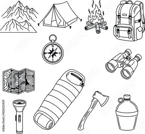 Silhouette Camping adventure gear set black and white vector Illustrator