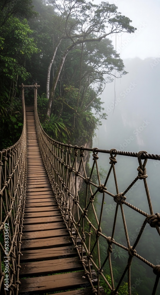 Fototapeta premium A professional photorealistic image of a path that is a beautiful, intricate, wooden, rope bridge, swaying gently over a deep, misty, jungle canyon.