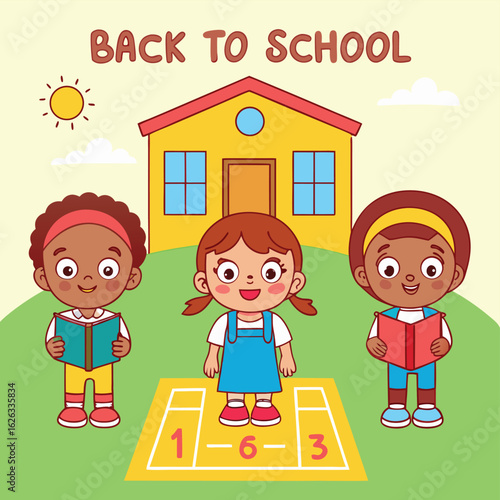 Kids play with family, toys, and friends in the home and playground, with vector cartoon illustrations depicting fun and happy childhood moments