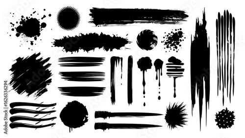 Vector art of assortment of black ink brush marks, paint splashes, and dripping effects isolated on a white background for artistic design