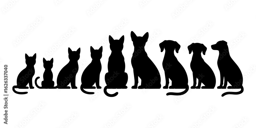 Obraz premium Collection of various dog and cat silhouettes standing together isolated on transparent background silhouette.