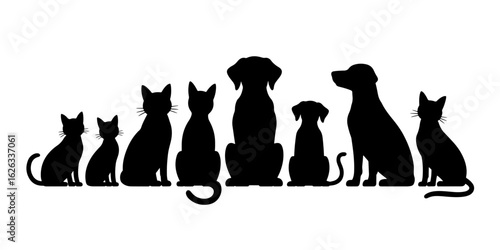 Group of various cats and dogs in silhouette sitting together isolated on transparent background silhouette.