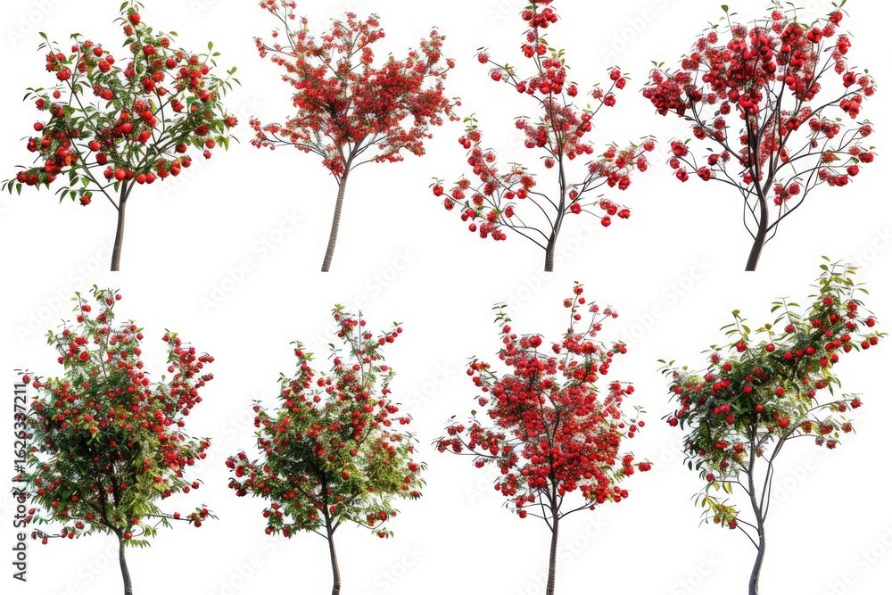 Obraz premium Set of Hawthorn Trees with Bright Red Berries Isolated on a White Background