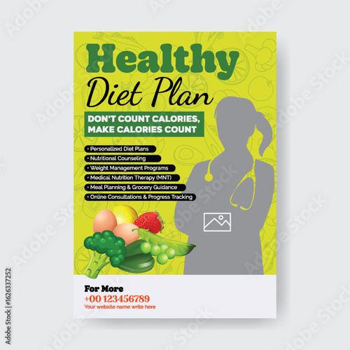 online dietitian consultation and healthy food print flyer or poster template, Personalized Diet Plans and Nutritional Counseling leaflet, brochure cover vector template