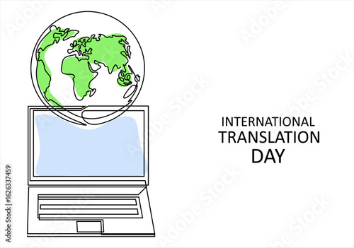 International Translation Day Celebration World & Laptop Illustration. Art. line icon-continuous line drawing. Editable stroke.