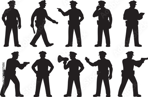 Police Officer Silhouette Vector Set of 10 Poses on White Background