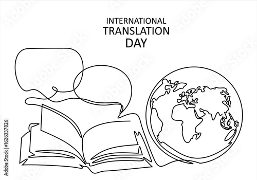 International Translation Day Open Book, Speech Bubbles, Globe. Art. line icon-continuous line drawing. Editable stroke.