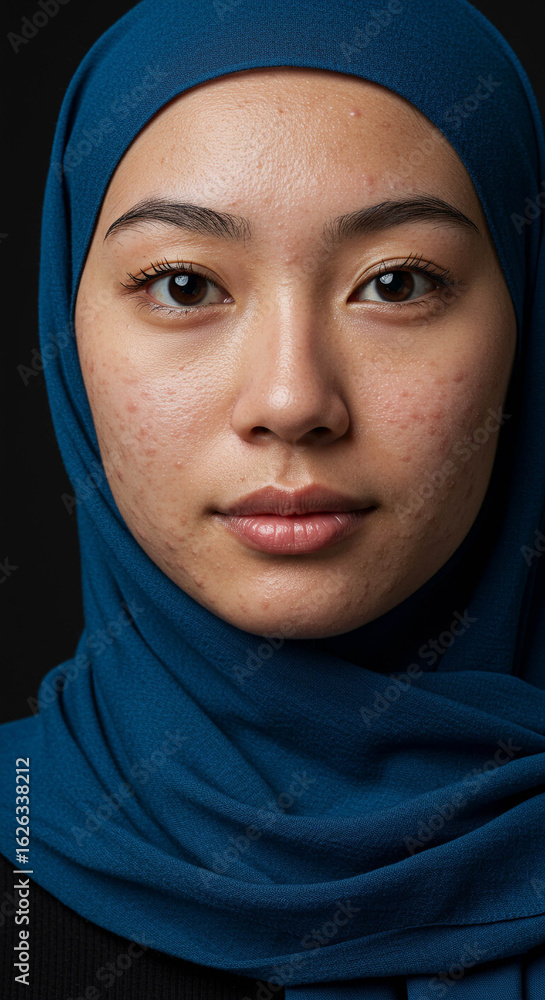 Naklejka premium Portrait of a Young Woman with Acne Wearing a Blue Hijab on Black Background