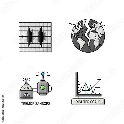 Earthquake Themed Illustration Collection, Seismograph Data and Tectonic Plate Movement Graphics
