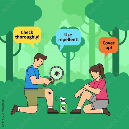 Tick Bite Prevention Illustration: Check Thoroughly, Use Repellent, and Cover Up!, Stay Safe in the Woods: Tick Safety Tips for Hikers and Outdoor Enthusiasts