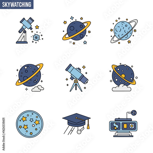 Skywatching themed vector graphic with planets, telescopes, graduation cap, and space station, Whimsical vector icons depicting astronomy, education, and space exploration