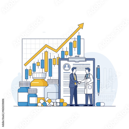 Pharmaceutical Sales Growth and Doctor Partnership Graphic, Healthcare Industry Collaboration and Business Success Illustration