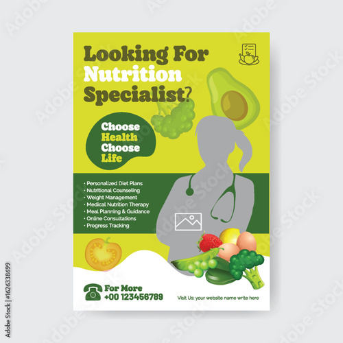 Healthy food and Nutrition services poster or flyer vector template, healthy vegetable and vegetarian promotional advertisement flyer or poster vector template