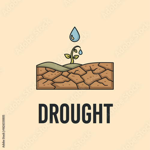 Drought illustration depicting arid land and dying plant needing water, Drought conceptual vector with barren soil and a dying plant