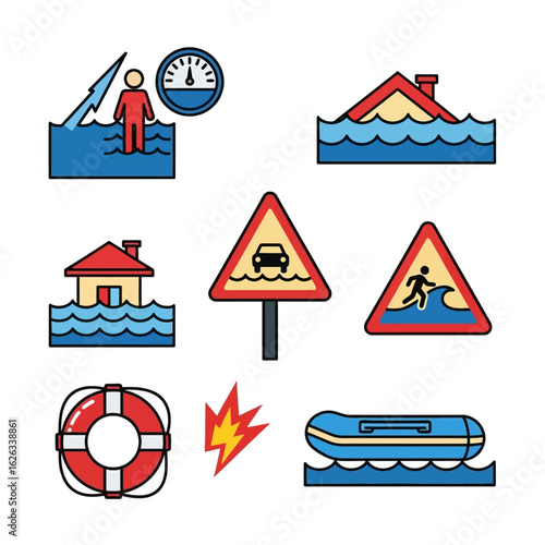 Icons Depicting Flood Hazards and Safety Measures, Flood Prevention, Protection, and Mitigation Strategies for Resilience