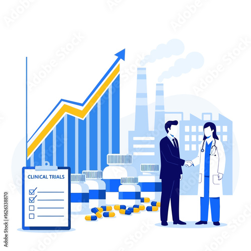 Illustration of Clinical Trials and Pharmaceutical Manufacturing Success, Depiction of Collaboration and Growth in the Healthcare Industry