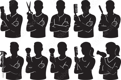 Barber Silhouette Vector Set with Hairstylist Tools Scissors Comb Razor Hair Dryer