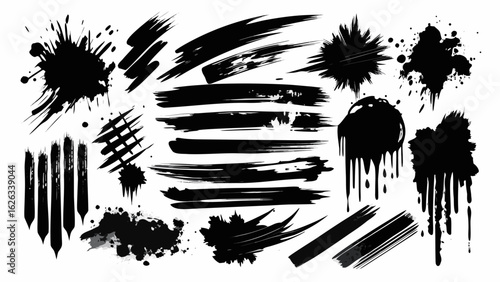Vector art of assortment of black paint brush strokes, ink splatters, and dripping effects isolated on a white background, ideal for artistic and grunge design