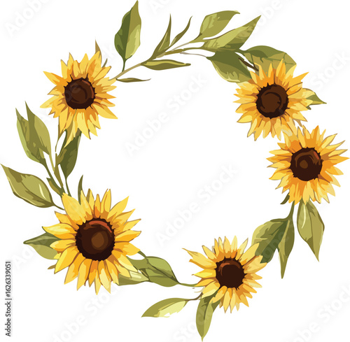 Vibrant watercolor sunflower wreath with green leaves on white background