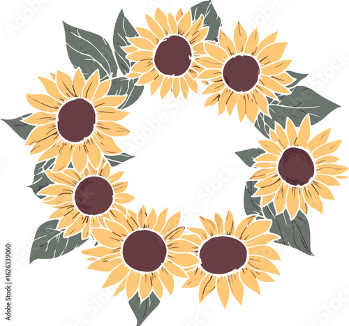 Round wreath of bright yellow sunflowers with green leaves on white background