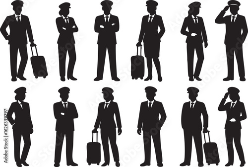 Chauffeur Silhouette Vector Set of Men and Women in Uniform with Suitcases and Formal Poses